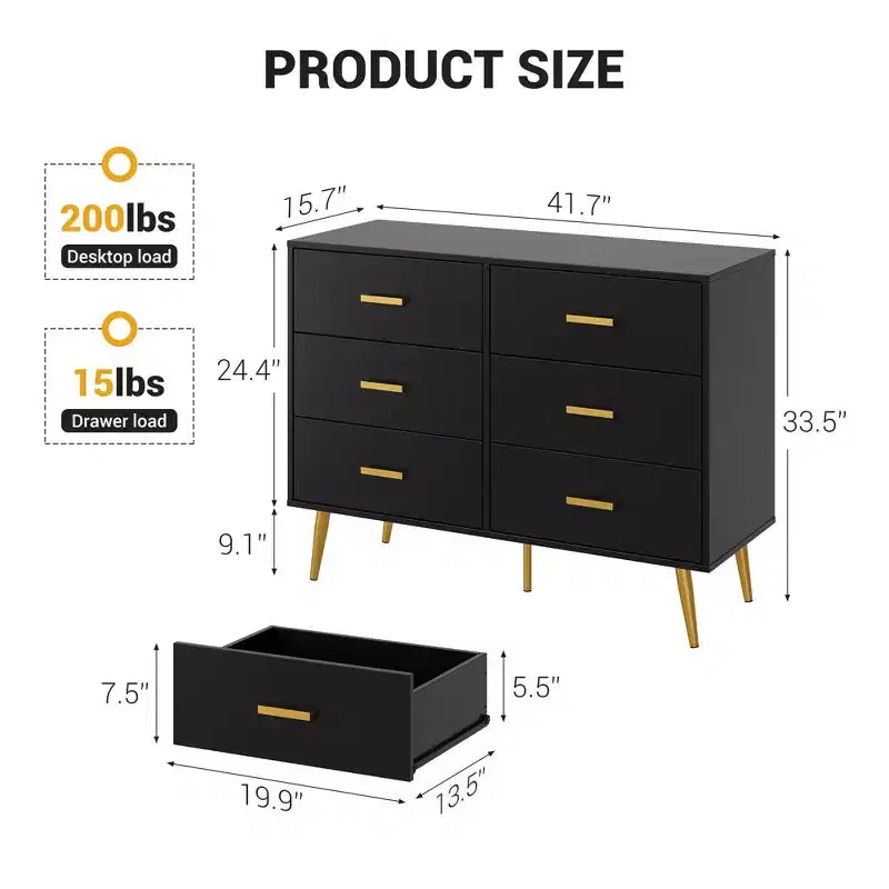 Commode à 6 tiroirs, commode moderne en bois avec poignées dorées et espace de rangement, chiffonnier pour chambre à coucher, couloir, salon et entrée