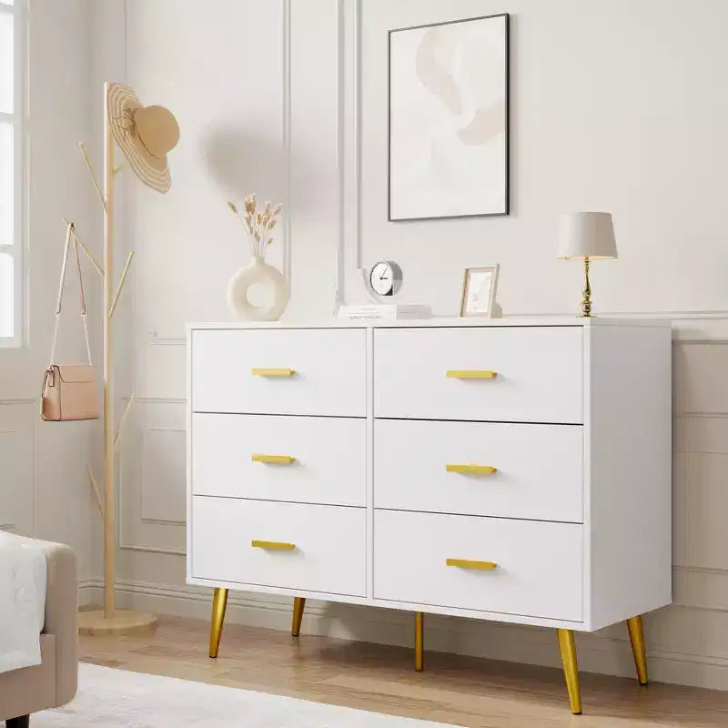 Commode à 6 tiroirs, commode moderne en bois avec poignées dorées et espace de rangement, chiffonnier pour chambre à coucher, couloir, salon et entrée