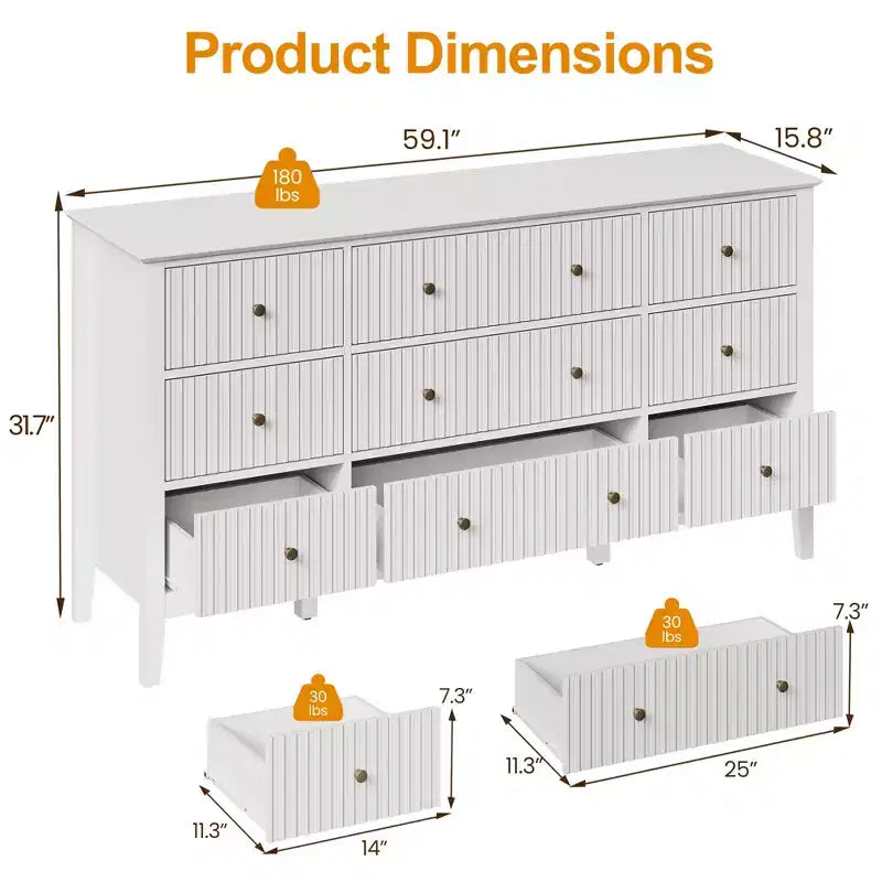 Commode à 9 tiroirs cannelée de 150 cm de large avec poignées en métal – Blanc
