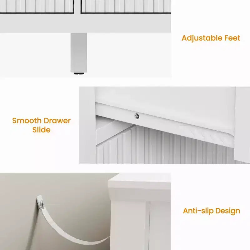 Commode à 9 tiroirs cannelée de 150 cm de large avec poignées en métal – Blanc