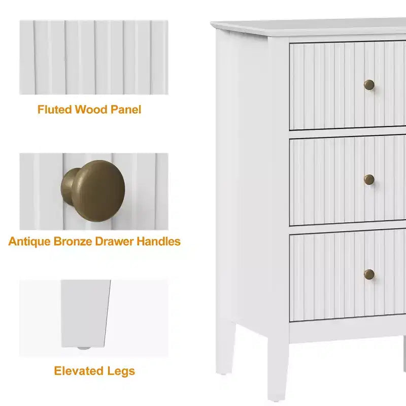 Commode à 9 tiroirs cannelée de 150 cm de large avec poignées en métal – Blanc