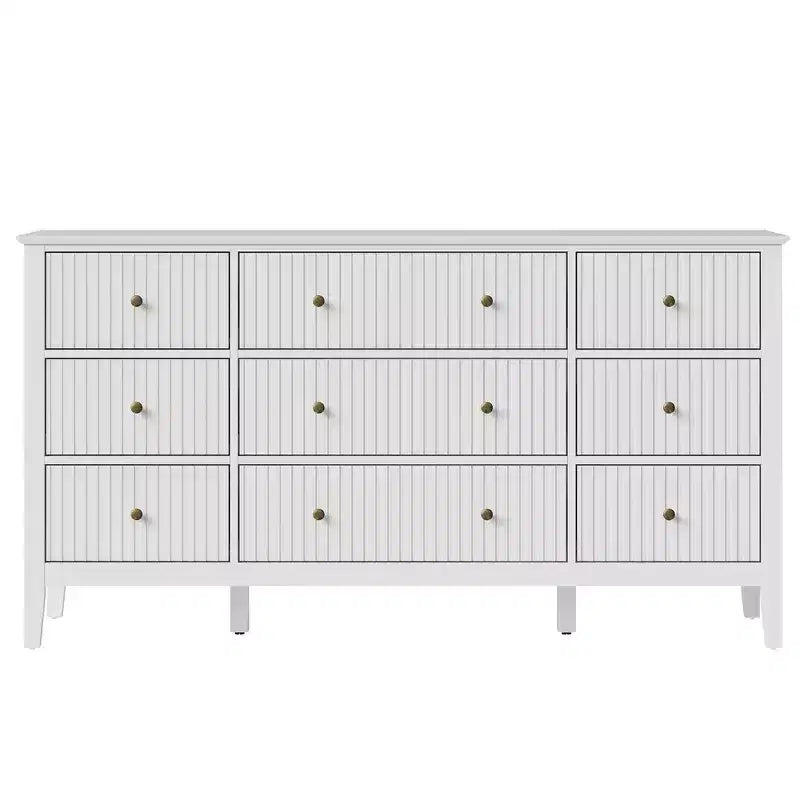 Commode à 9 tiroirs cannelée de 150 cm de large avec poignées en métal – Blanc
