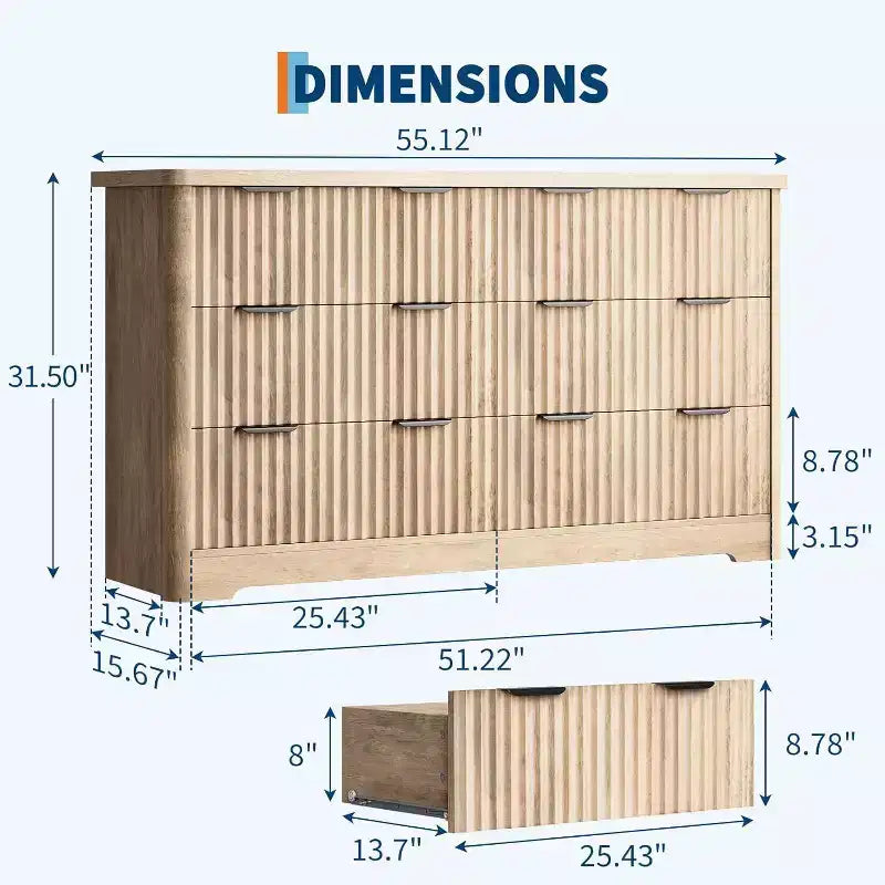 Commode à 6 tiroirs cannelés avec motif ondulé et plateau en bois massif