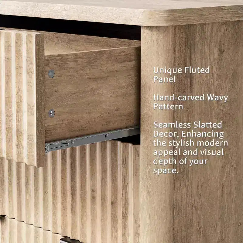 Commode à 6 tiroirs cannelés avec motif ondulé et plateau en bois massif