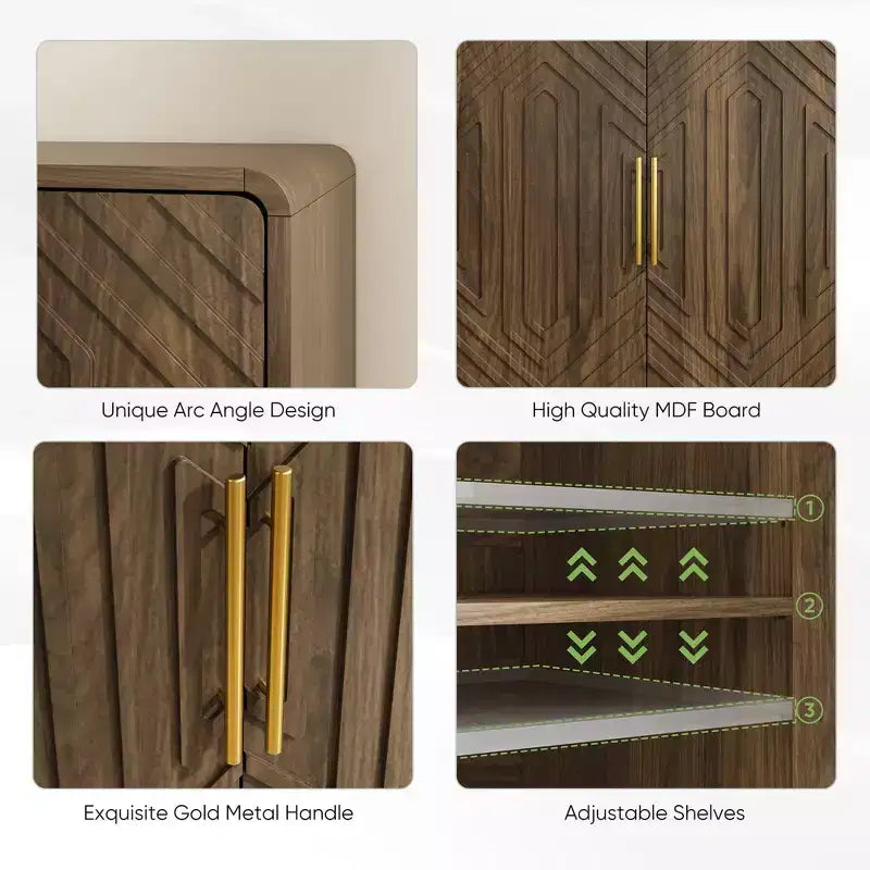 Meuble de rangement rustique en bois avec portes sculptées et étagères réglables
