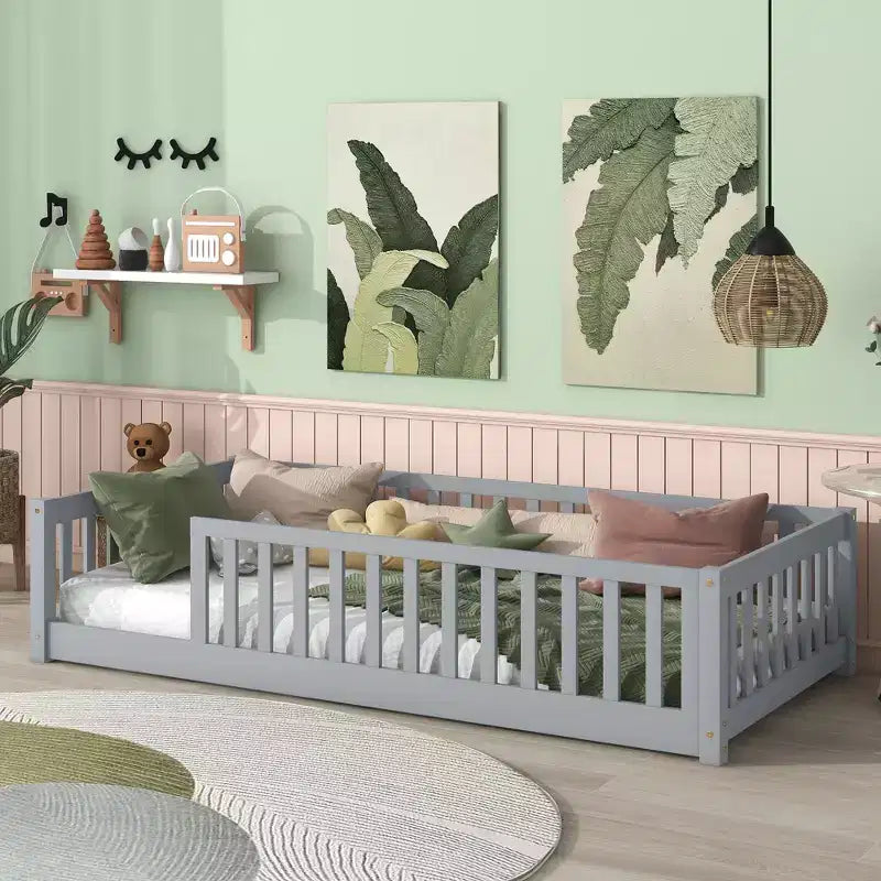 Lit double superposé avec clôture et barrières en bois d'hévéa – Gris