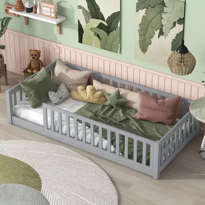 Lit double superposé avec clôture et barrières en bois d'hévéa – Gris