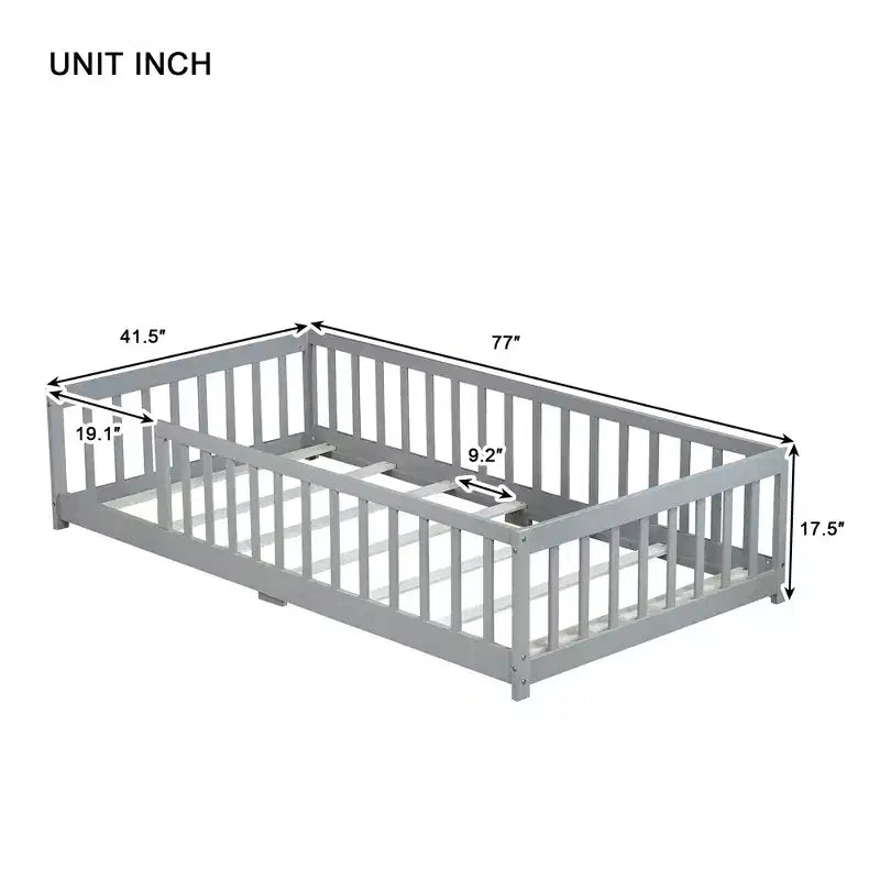 Lit double superposé avec clôture et barrières en bois d'hévéa – Gris