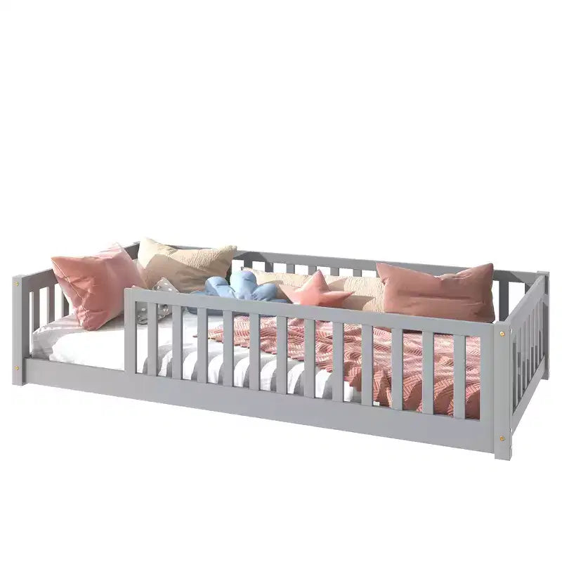 Lit double superposé avec clôture et barrières en bois d'hévéa – Gris