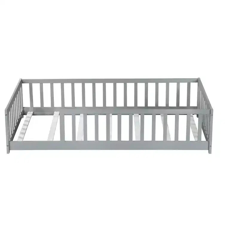 Lit double superposé avec clôture et barrières en bois d'hévéa – Gris