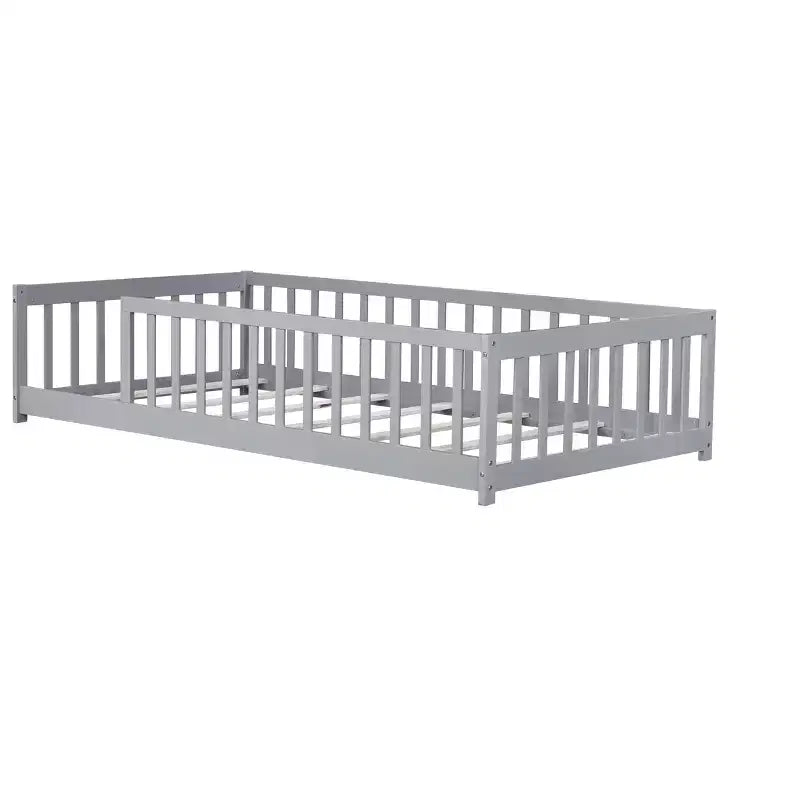 Lit double superposé avec clôture et barrières en bois d'hévéa – Gris