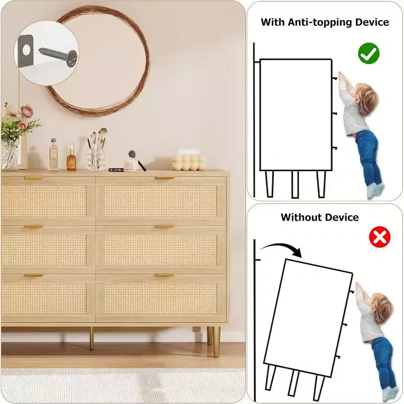 Commode en rotin à 6 tiroirs avec pieds et poignées dorés, armoire large avec grand plateau, anti-basculement, pour chambre ou salon