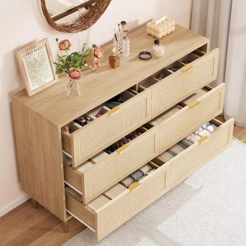 Commode en rotin à 6 tiroirs avec pieds et poignées dorés, armoire large avec grand plateau, anti-basculement, pour chambre ou salon