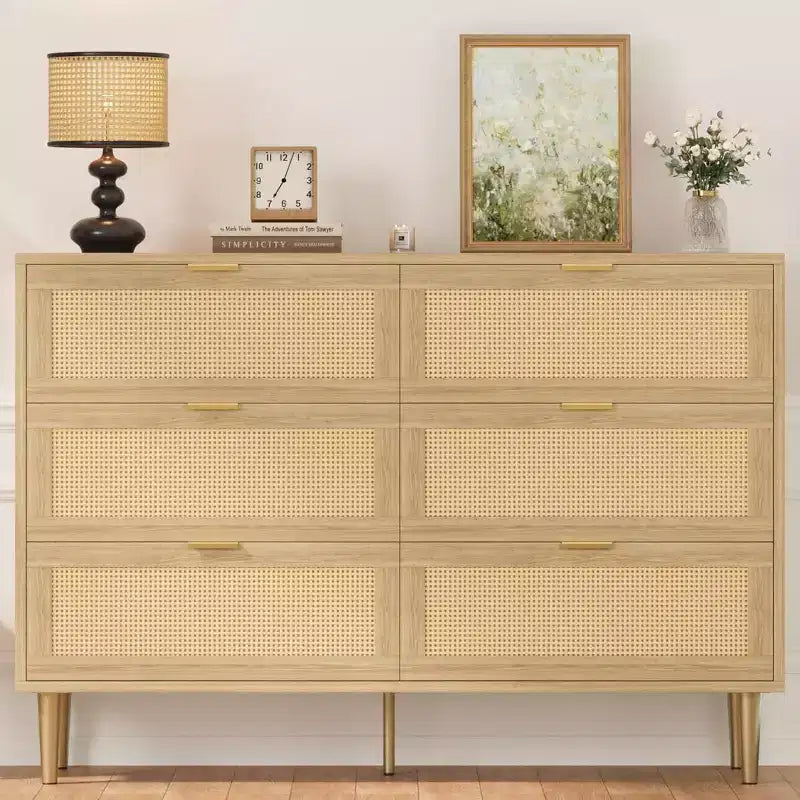 Commode en rotin à 6 tiroirs avec pieds et poignées dorés, armoire large avec grand plateau, anti-basculement, pour chambre ou salon