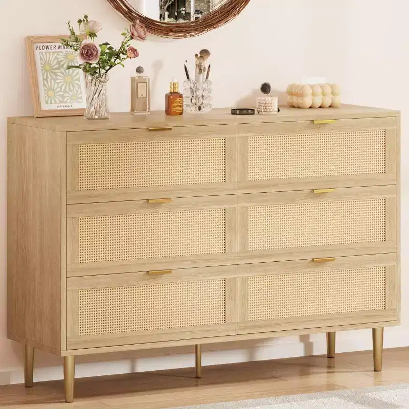 Commode en rotin à 6 tiroirs avec pieds et poignées dorés, armoire large avec grand plateau, anti-basculement, pour chambre ou salon