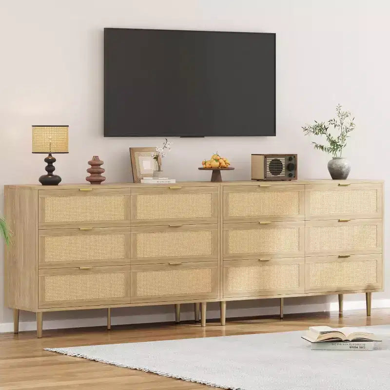 Commode en rotin à 6 tiroirs avec pieds et poignées dorés, armoire large avec grand plateau, anti-basculement, pour chambre ou salon
