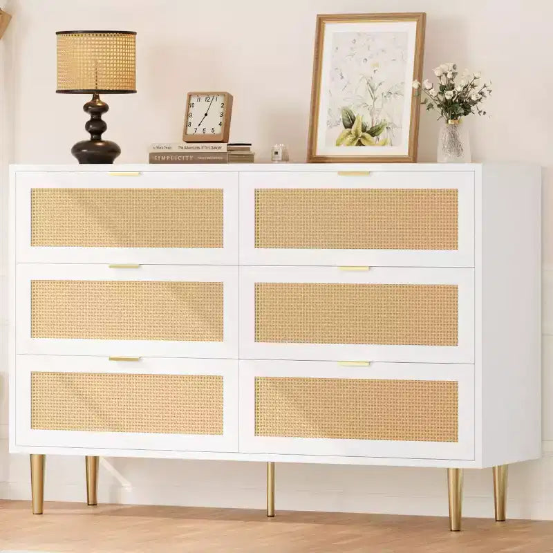 Commode en rotin à 6 tiroirs avec pieds et poignées dorés, armoire large avec grand plateau, anti-basculement, pour chambre ou salon