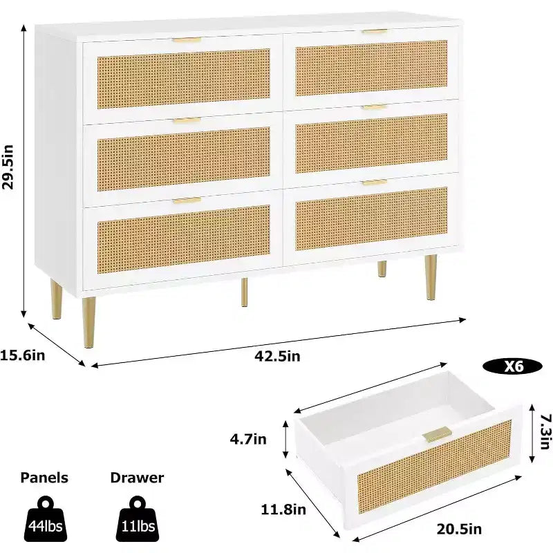 Commode en rotin à 6 tiroirs avec pieds et poignées dorés, armoire large avec grand plateau, anti-basculement, pour chambre ou salon