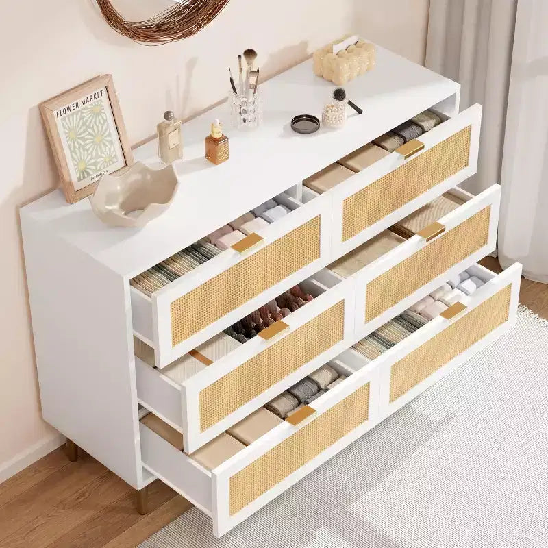 Commode en rotin à 6 tiroirs avec pieds et poignées dorés, armoire large avec grand plateau, anti-basculement, pour chambre ou salon