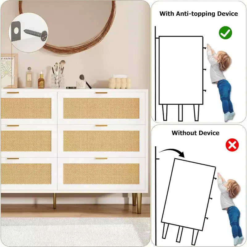 Commode en rotin à 6 tiroirs avec pieds et poignées dorés, armoire large avec grand plateau, anti-basculement, pour chambre ou salon