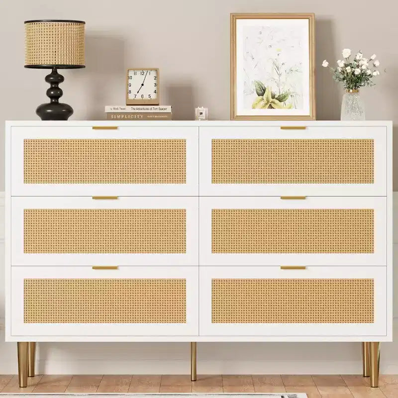 Commode en rotin à 6 tiroirs avec pieds et poignées dorés, armoire large avec grand plateau, anti-basculement, pour chambre ou salon