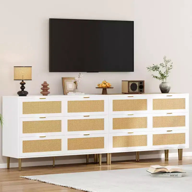 Commode en rotin à 6 tiroirs avec pieds et poignées dorés, armoire large avec grand plateau, anti-basculement, pour chambre ou salon
