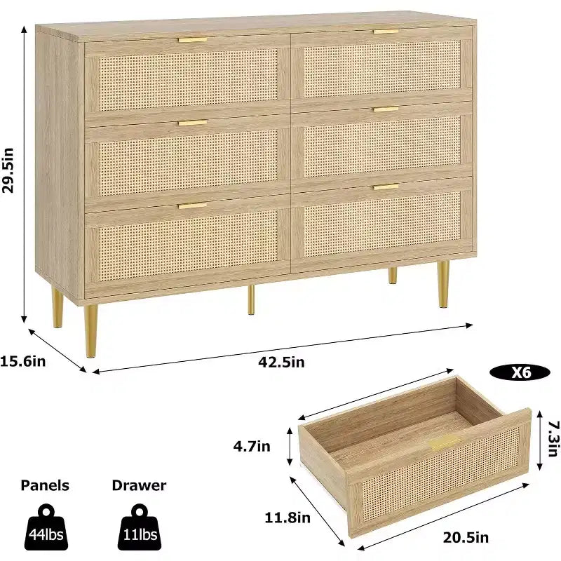 Commode en rotin à 6 tiroirs avec pieds et poignées dorés, armoire large avec grand plateau, anti-basculement, pour chambre ou salon