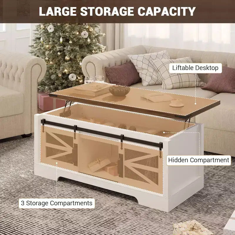 Tables basses relevables de 120 cm avec rangement et portes coulissantes de style grange, table basse en bois de style ferme, meubles de salon pour appartements
