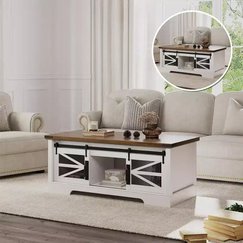 Tables basses relevables de 120 cm avec rangement et portes coulissantes de style grange, table basse en bois de style ferme, meubles de salon pour appartements