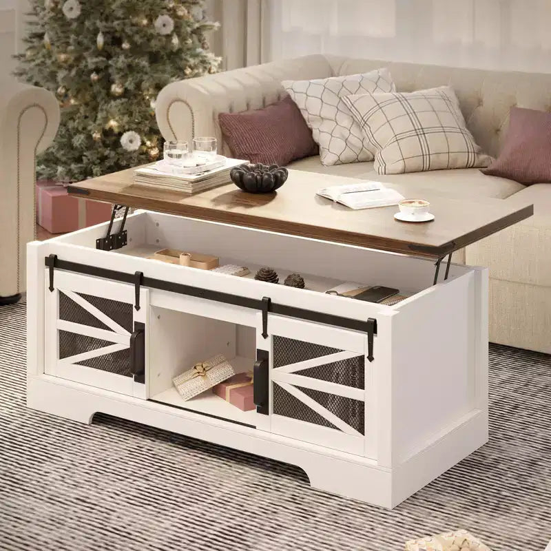 Tables basses relevables de 120 cm avec rangement et portes coulissantes de style grange, table basse en bois de style ferme, meubles de salon pour appartements