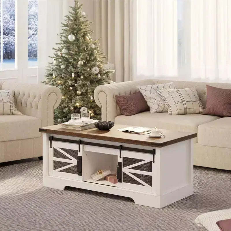 Tables basses relevables de 120 cm avec rangement et portes coulissantes de style grange, table basse en bois de style ferme, meubles de salon pour appartements