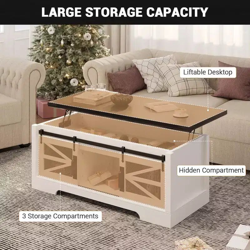 Tables basses relevables de 120 cm avec rangement et portes coulissantes de style grange, table basse en bois de style ferme, meubles de salon pour appartements