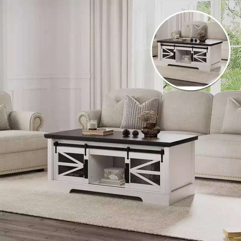 Tables basses relevables de 120 cm avec rangement et portes coulissantes de style grange, table basse en bois de style ferme, meubles de salon pour appartements