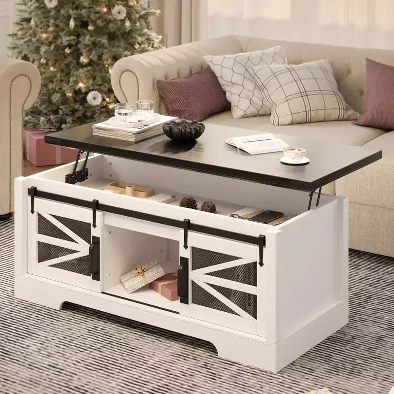 Tables basses relevables de 120 cm avec rangement et portes coulissantes de style grange, table basse en bois de style ferme, meubles de salon pour appartements