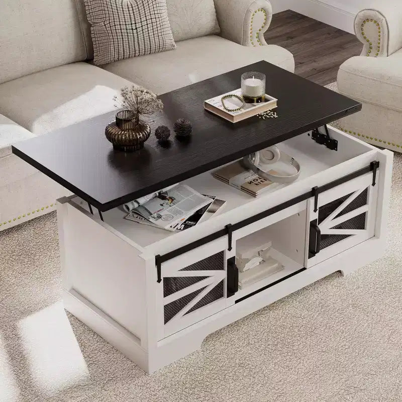 Tables basses relevables de 120 cm avec rangement et portes coulissantes de style grange, table basse en bois de style ferme, meubles de salon pour appartements