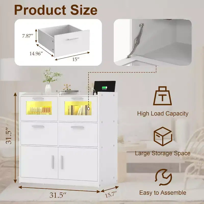 Grande commode blanche Coiffeuse moderne avec lumières LED et station de charge
