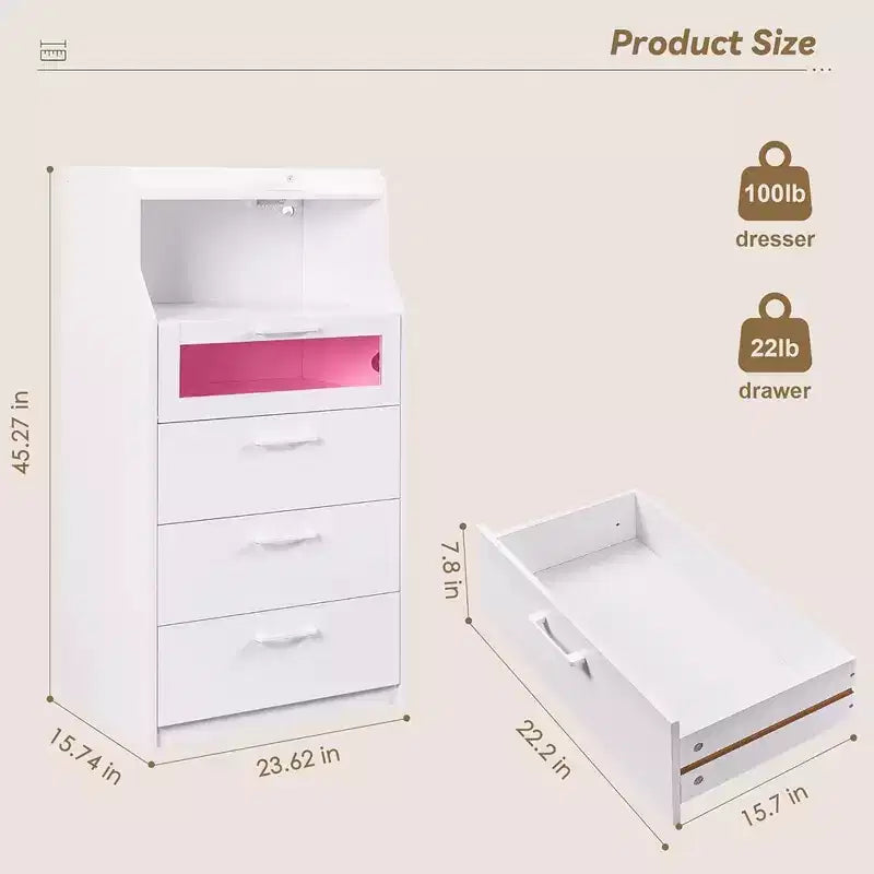 Grande commode blanche Coiffeuse moderne avec lumières LED et station de charge