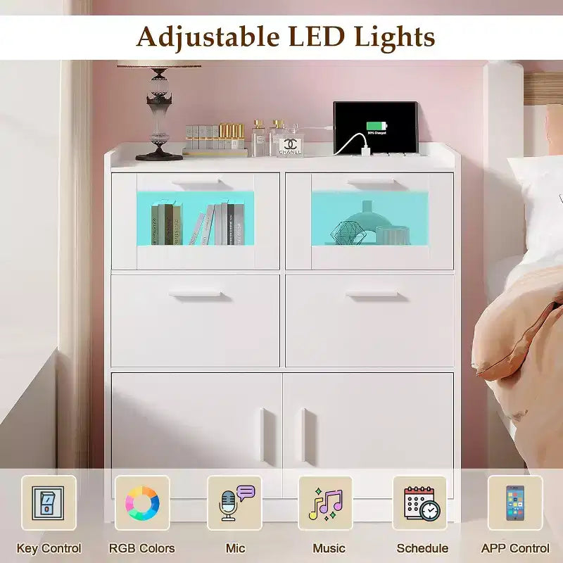 Grande commode blanche Coiffeuse moderne avec lumières LED et station de charge