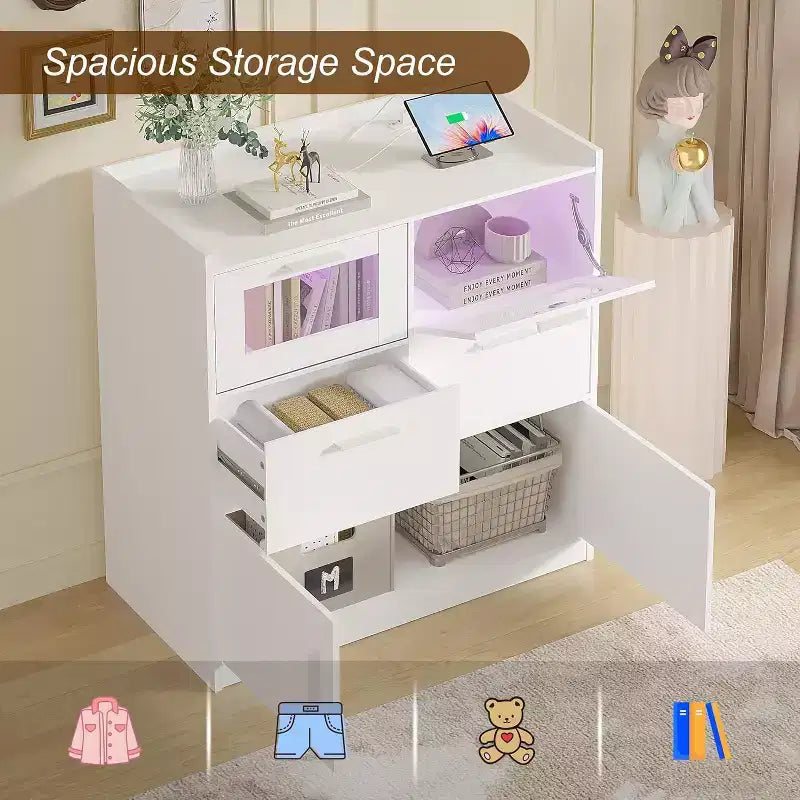 Grande commode blanche Coiffeuse moderne avec lumières LED et station de charge