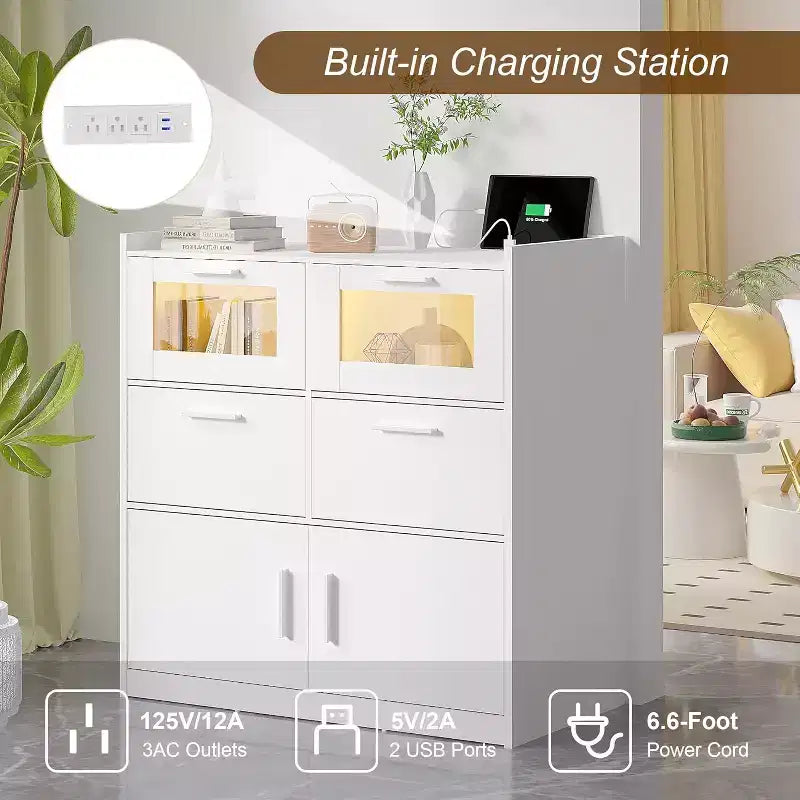 Grande commode blanche Coiffeuse moderne avec lumières LED et station de charge
