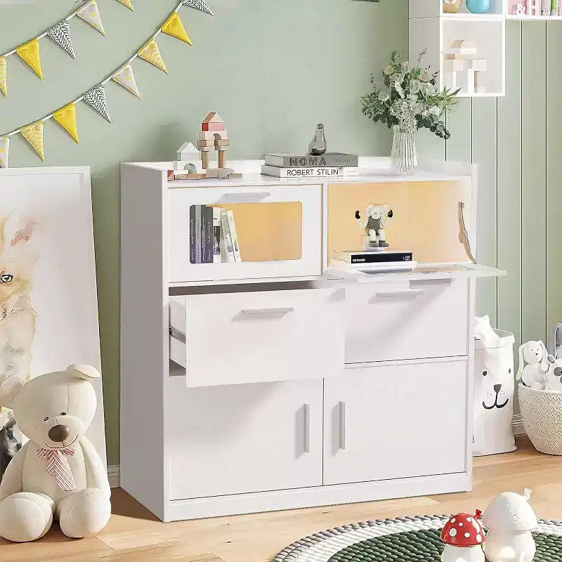 Grande commode blanche Coiffeuse moderne avec lumières LED et station de charge
