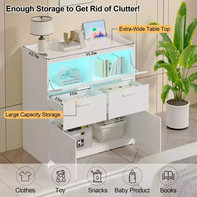 Grande commode blanche Coiffeuse moderne avec lumières LED et station de charge