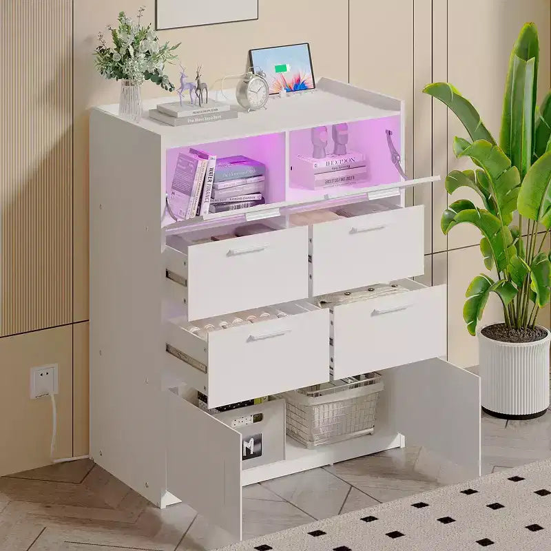 Grande commode blanche Coiffeuse moderne avec lumières LED et station de charge