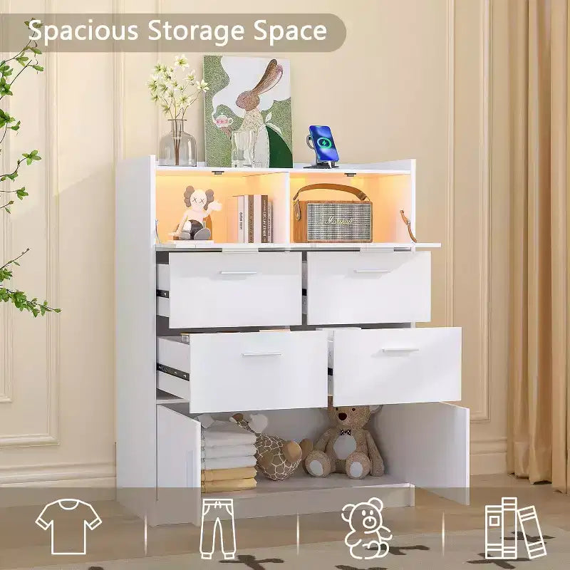 Grande commode blanche Coiffeuse moderne avec lumières LED et station de charge