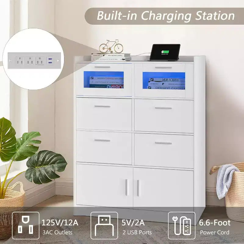Grande commode blanche Coiffeuse moderne avec lumières LED et station de charge