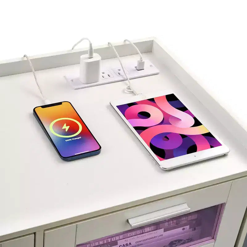 Grande commode blanche Coiffeuse moderne avec lumières LED et station de charge
