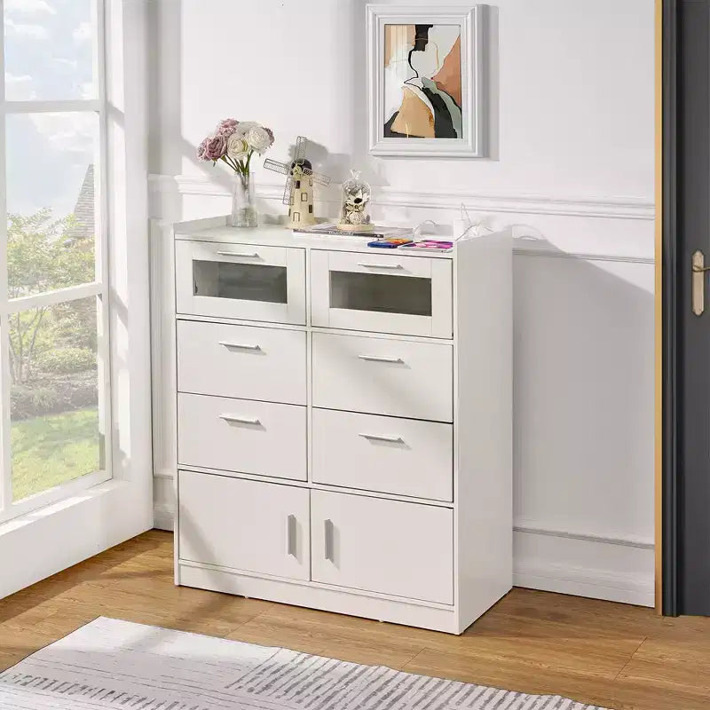 Grande commode blanche Coiffeuse moderne avec lumières LED et station de charge