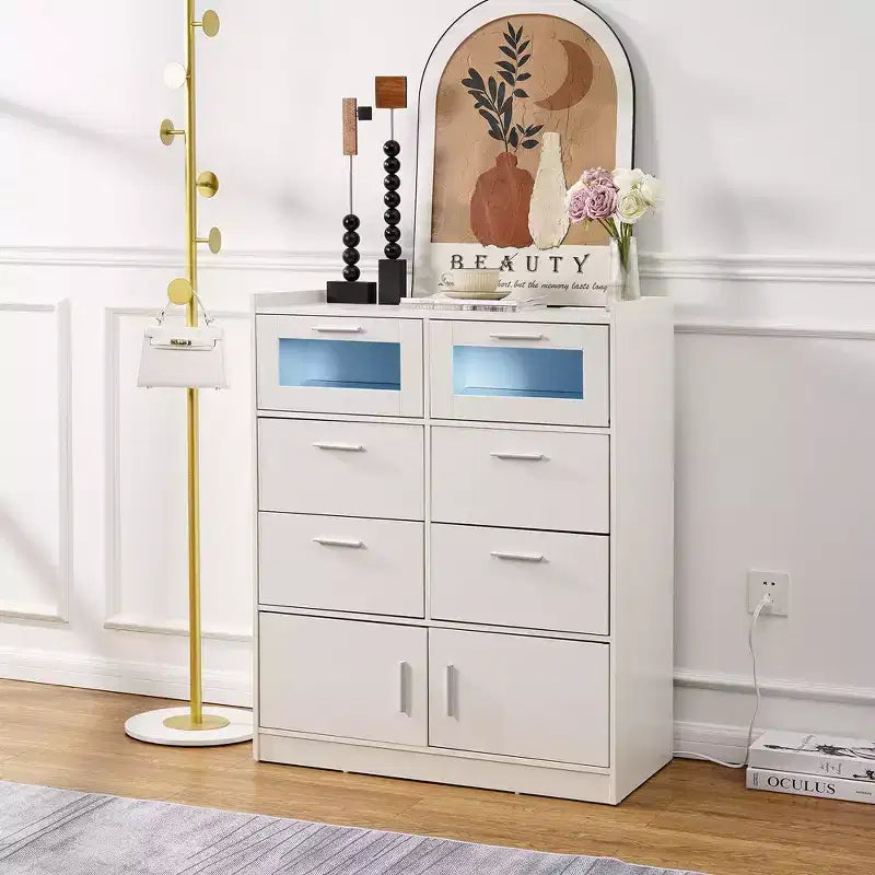 Grande commode blanche Coiffeuse moderne avec lumières LED et station de charge