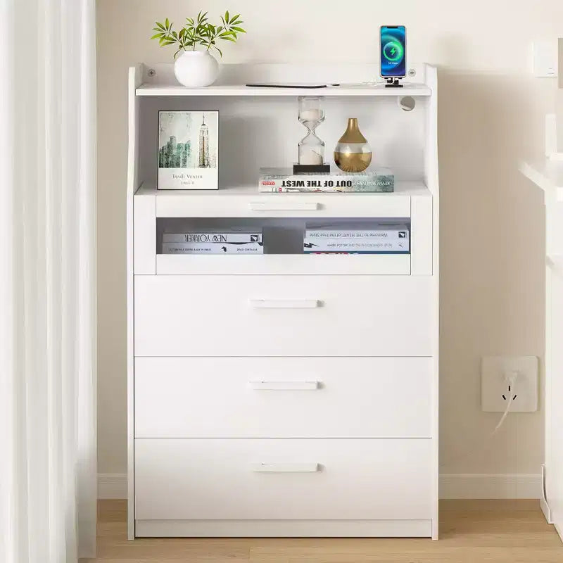 Grande commode blanche Coiffeuse moderne avec lumières LED et station de charge