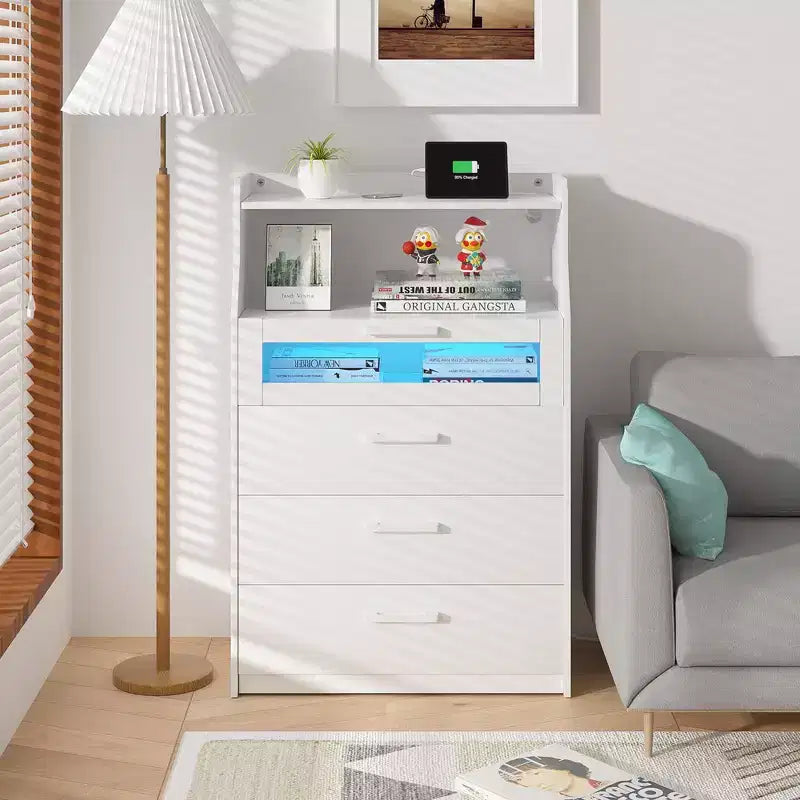 Grande commode blanche Coiffeuse moderne avec lumières LED et station de charge